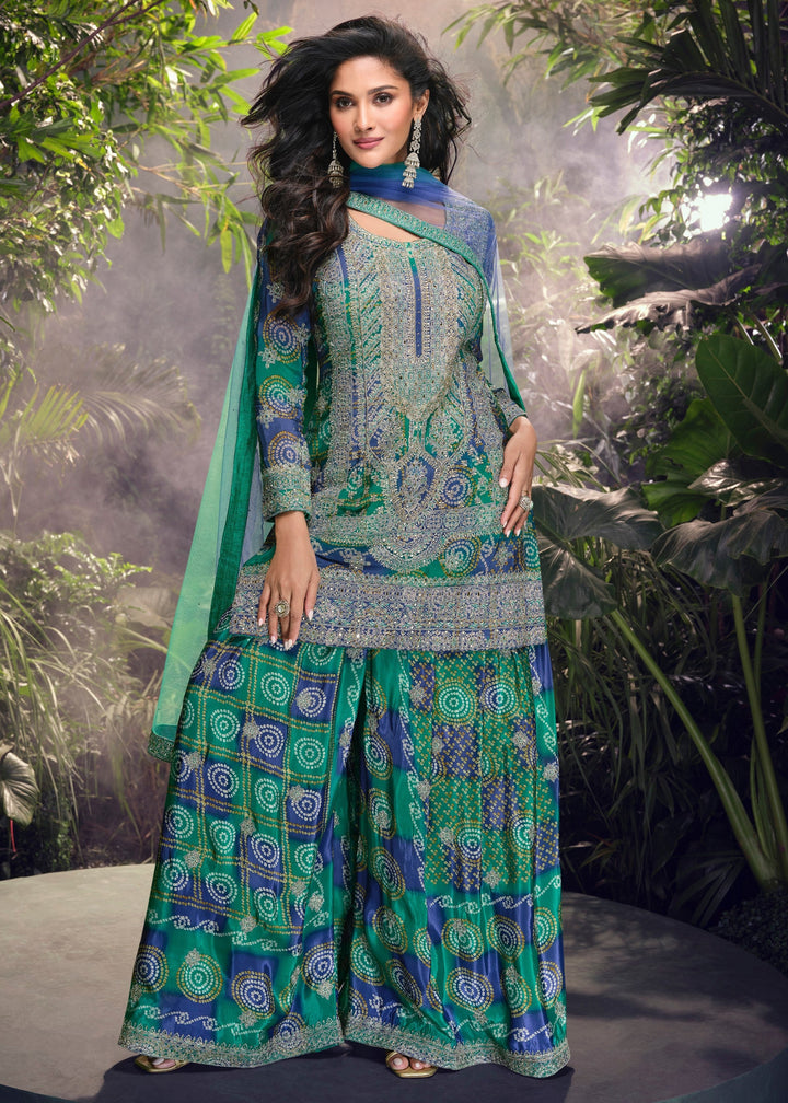 Peacock Blue Chinnon Silk Plazo Suit With Mirror & Thread Embroidered Work