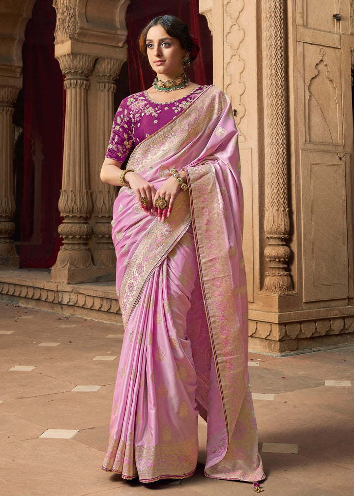 Neon Pink Satin Silk Saree