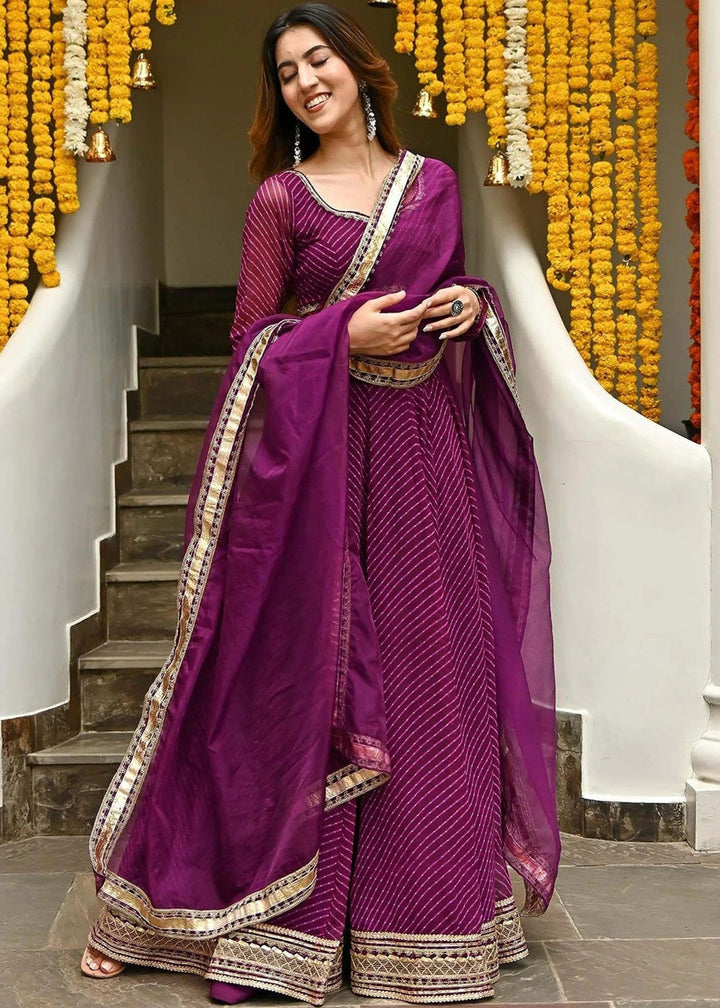 Grape Purple Georgette Leheriya Print Lehenga With Zari And Lace Work