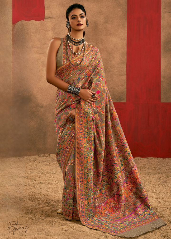 Olive-Taupe with Multicolour Kashmiri Floral Weaving Saree
