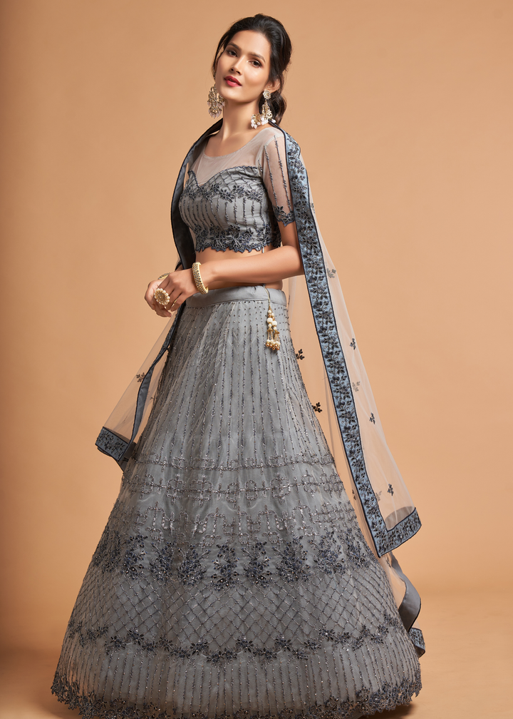 Light Grey Designer Soft Net Lehenga Choli with Zari, Dori & Thread Embroidery work