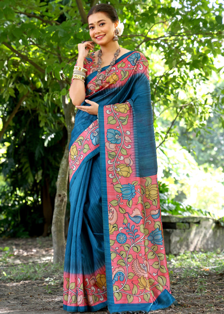 Blue Solid Design Cotton Silk Saree