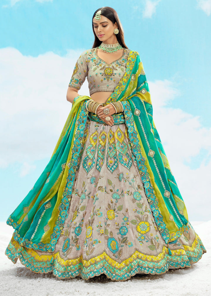 Off-White And Green Silk Lehenga With Cut Work Border