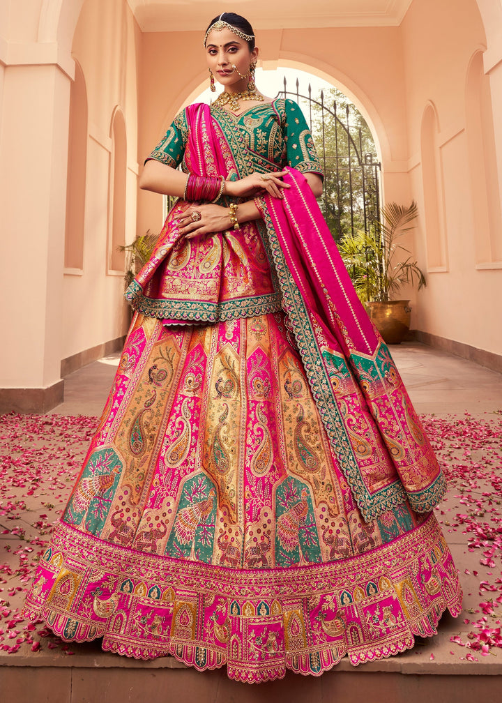 Magenta Pink Banarasi Silk Lehenga With Golden Zari Work