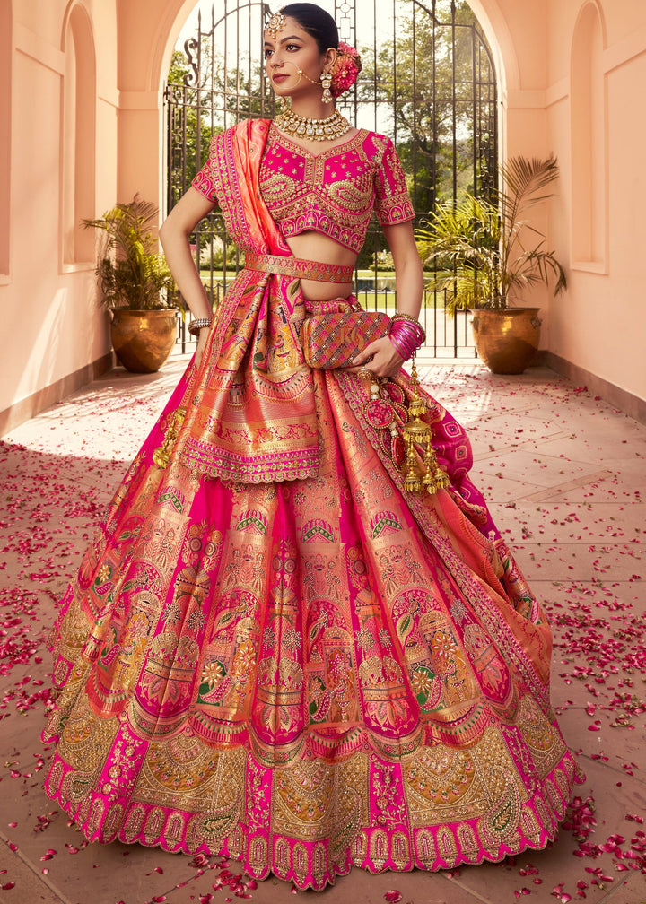Deep Fuchsia Pink Banarasi Silk Lehenga With Golden Zari Work