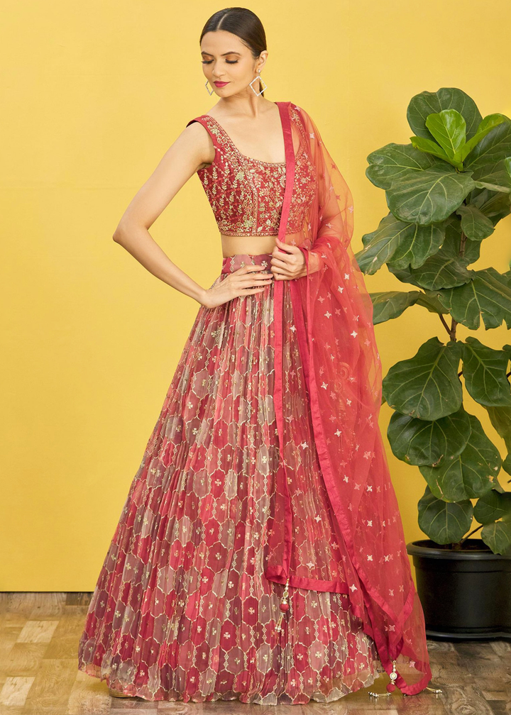 Shades Of Red Digital Printed Organza Lehenga with Thread,Zari & Sequins Work