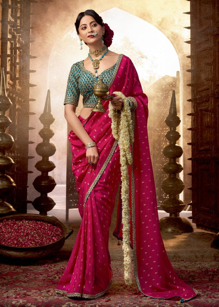 Red Pink Viscose Crepe Silk Saree