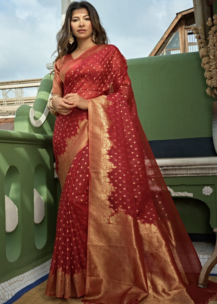 Berry Red Organza Silk Saree
