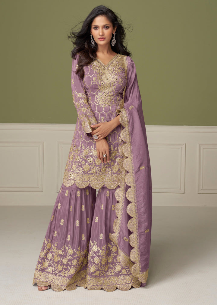 Soft Lavender Purple Silk Salwar Suit With Golden Embroidery