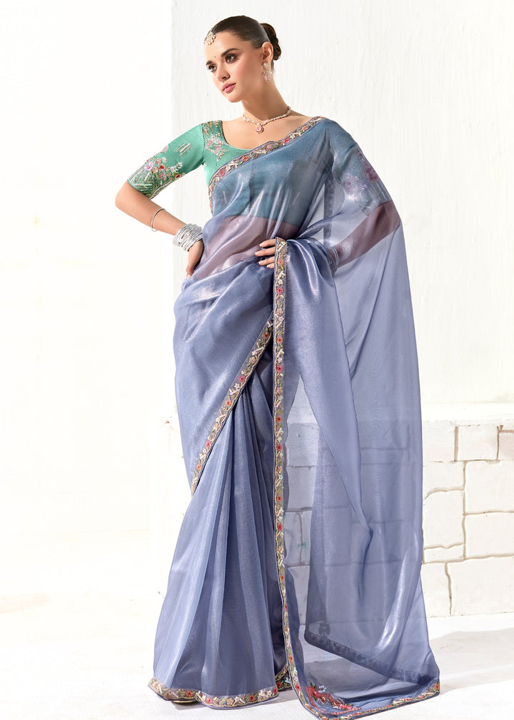 Cornflower Blue Organza Tissue Silk Saree