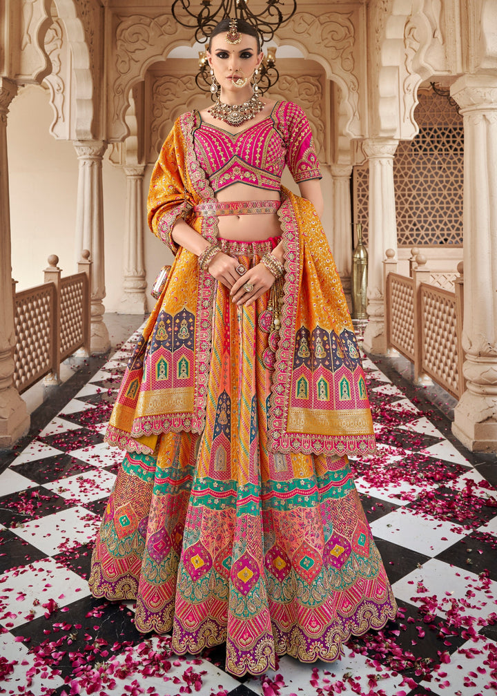 Mustard Yellow Banarasi Silk Lehenga with Zarkan & Cutwork