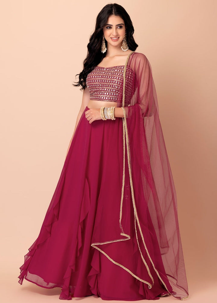 Raspberry Pink Georgette Lehenga Choli With Sequins And Thread Embroidery Work