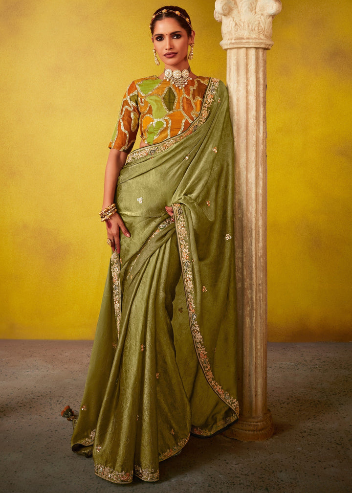 Olive Green Glass Tissue Silk Saree : Top Pick