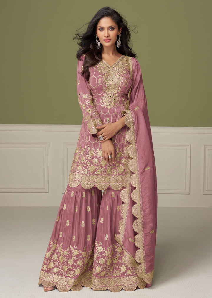 Elegant Dusty Rose Pink Silk Salwar Suit with golden embroidery