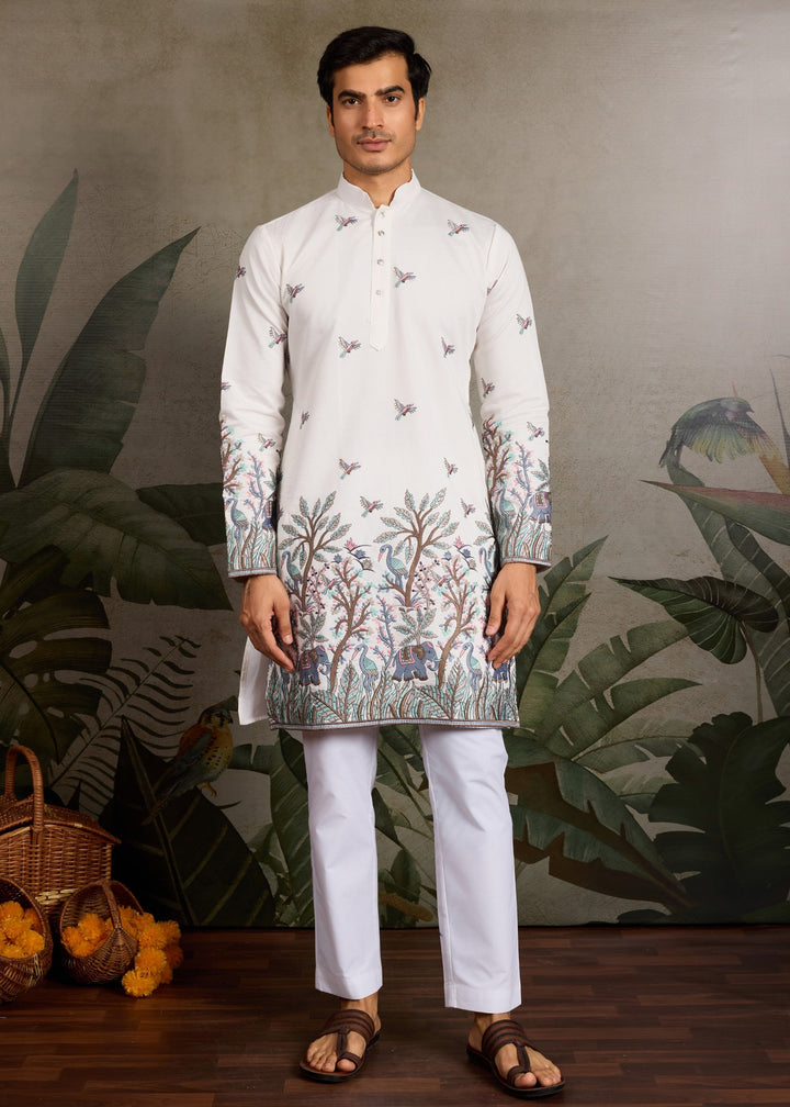 Creamy White Mens Silk Kurta with Pant