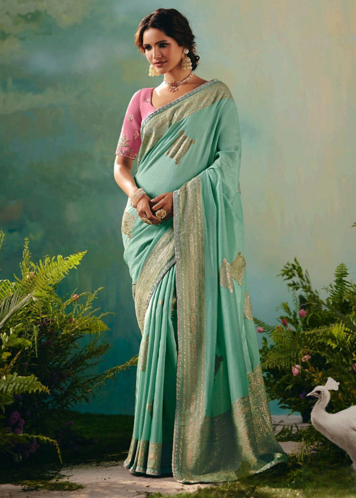 Sea Green Pure Viscose Dola Silk Saree with Zari Weaving & Embroidered Blouse