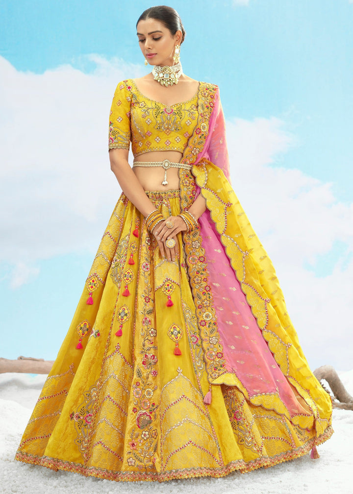 Yellow and Soft Pink Silk Lehenga With Cut Work Border