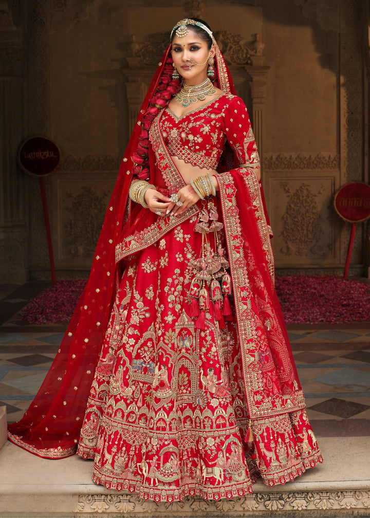 Candy Red Heavy Bridal Silk Lehenga With Khatli And Embroidery Work