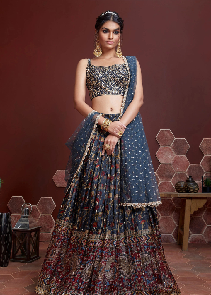 Dark Blue Floral Printed Chinon Silk Lehenga Choli with Sequins & Mirror work : Top Pick