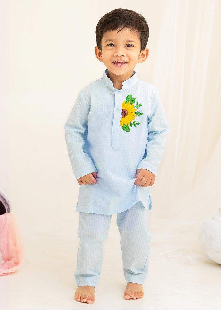 Organic Cotton Hand Embroidered Light Blue Kurta with Pajama - Sunflower