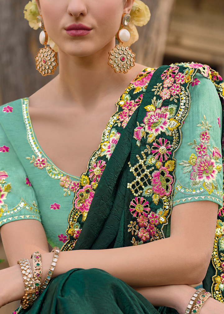 Sacramento Green Tissue Organza Silk with Embroidery Cut Work Border, Stone & Sequence work