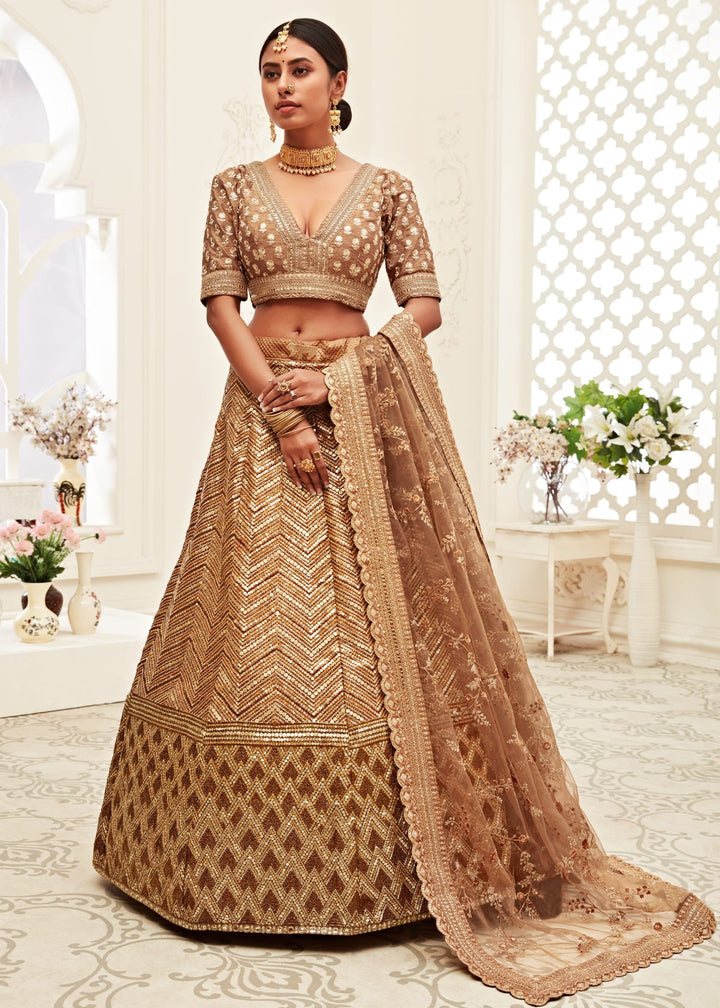 Brown Slub Silk Lehenga With Thread, Zari, Dori and Sequins Embroidery Work