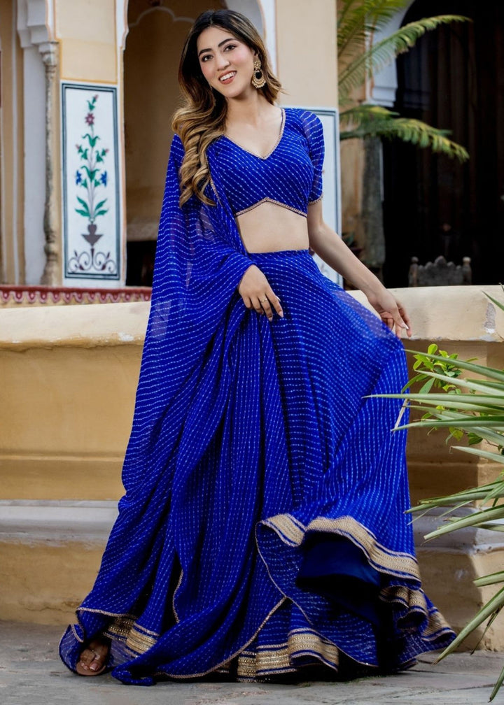 Azure Blue Georgette Leheriya Print Lehenga With Zari And Lace Work