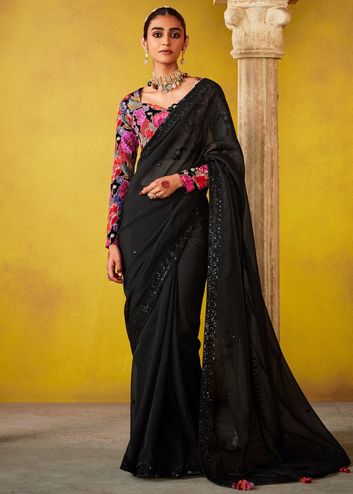 Ink Black Glass Tissue Silk Saree