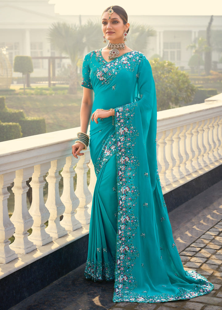 Firozi Blue Crepe Silk Saree