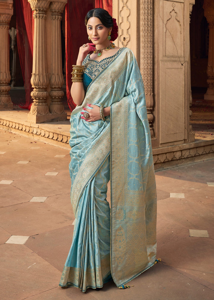 Sky Blue Satin Silk Saree
