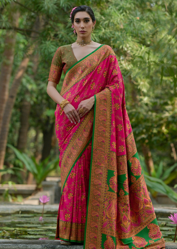 French Pink Thread Woven Pashmina Silk Saree With Heavy Thread Woven Pallu