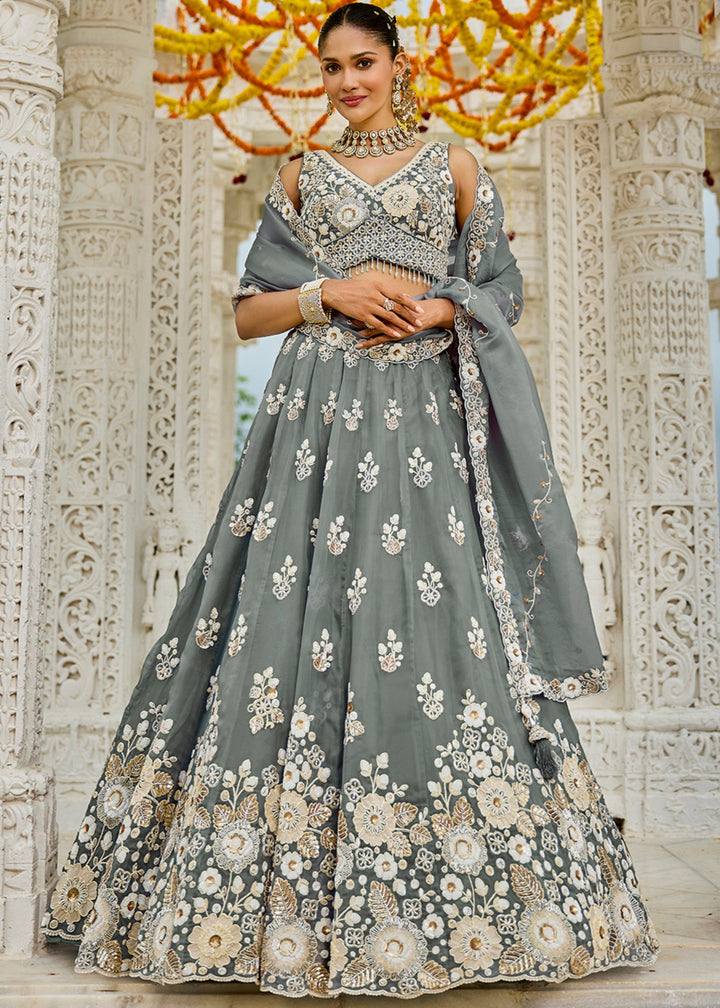 Grey Organza Lehenga Choli with Beads & Sequince Embroidered