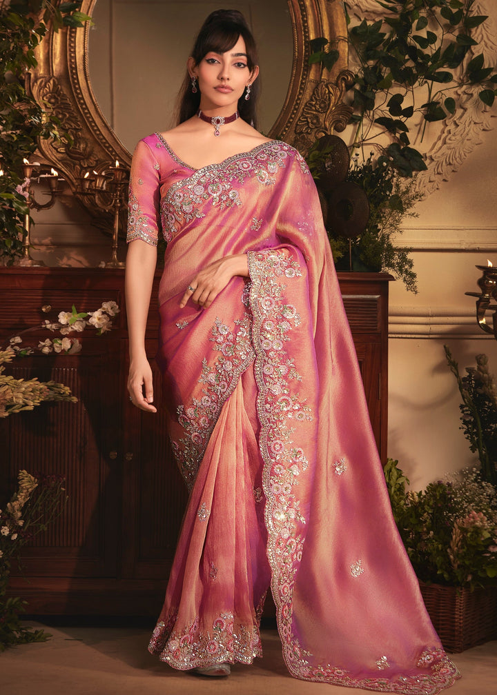 Deep Rose Pink Tissue Organza Silk Saree