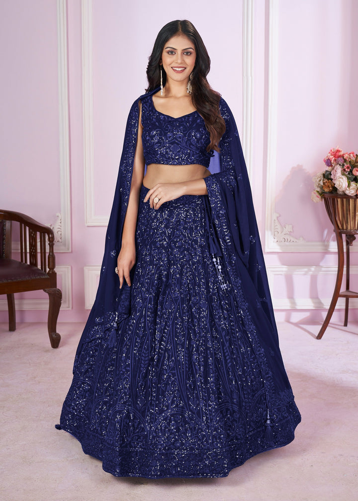 Dark Blue Georgette Lehenga Choli With Sequins And Thread Embroidery Work