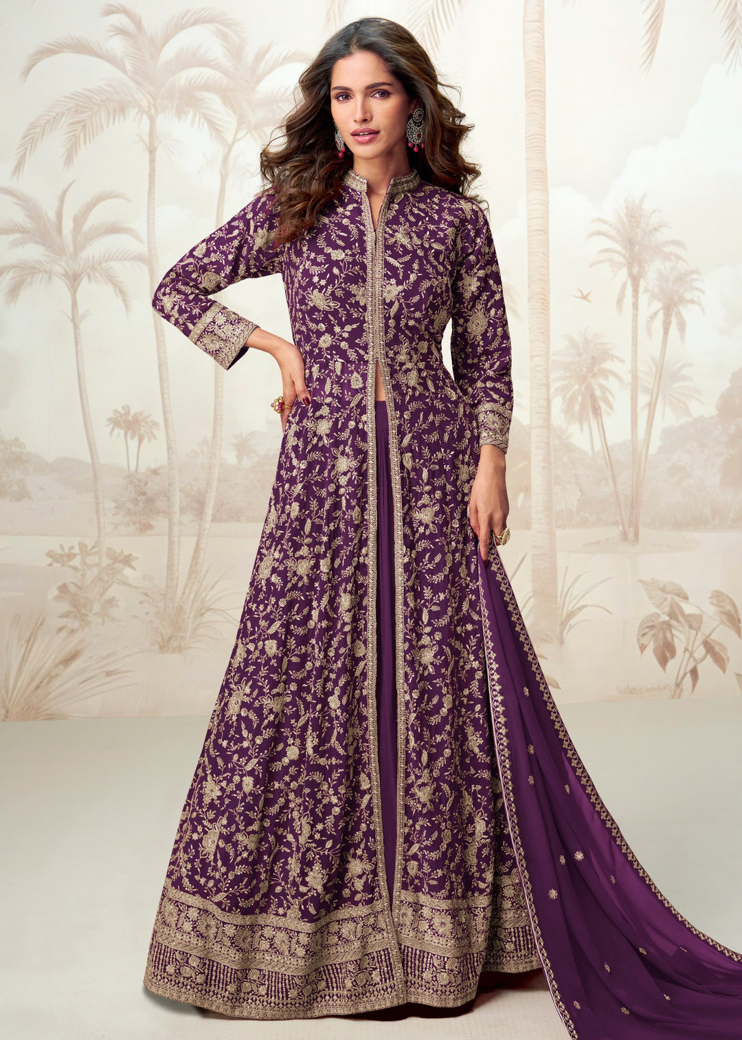 Irish Purple Georgette Anarkali Slit Cut Suit With Thread Embroidered Work