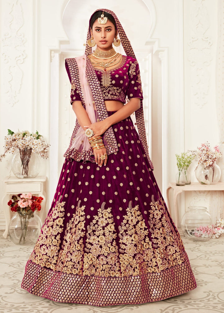 Purple Bridal Pure Velvet Zari And Sequins Embroidery Lehenga