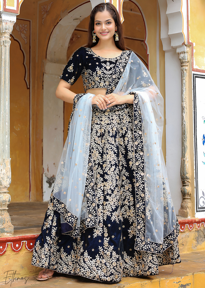Dark Blue Velvet Lehenga With Dupatta