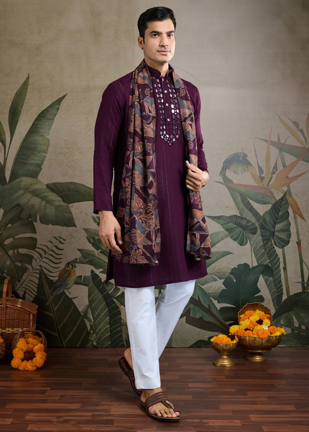 Purple Viscose Rayon Mens Kurta Set With Self Design Zari And Mirror Work