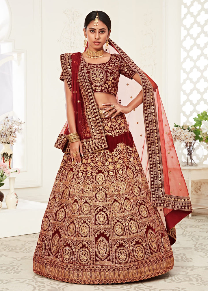 Red Velvet Lehenga With Thread, Zari, Dori and Sequins Embroidery Work
