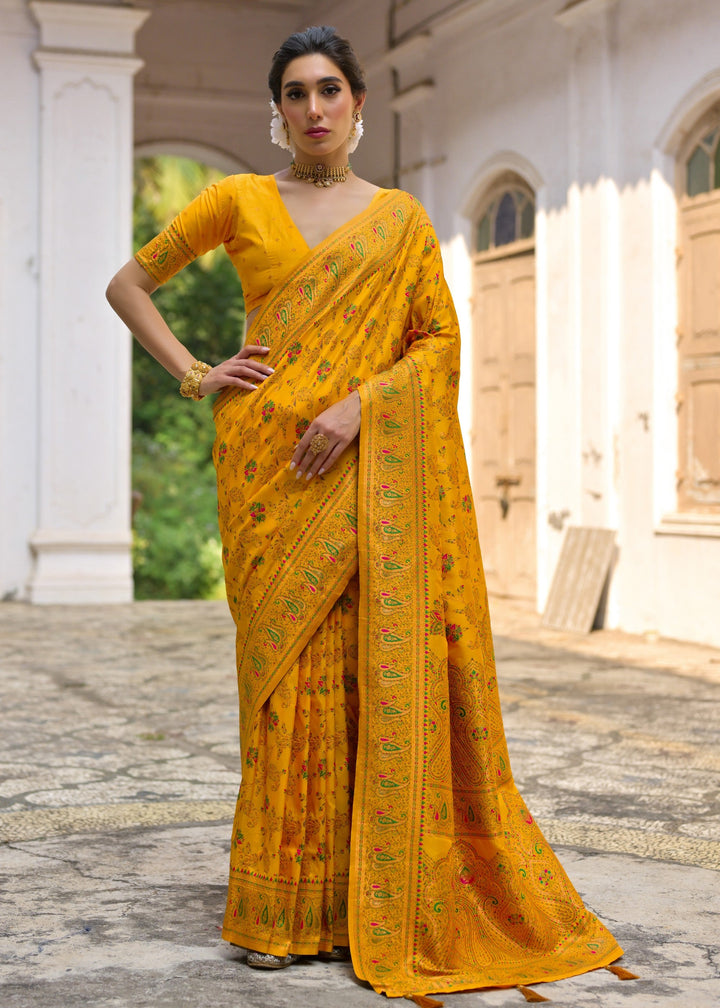 Yellow Thread Woven Jal & Flower Silk Saree With Thread Woven Pallu