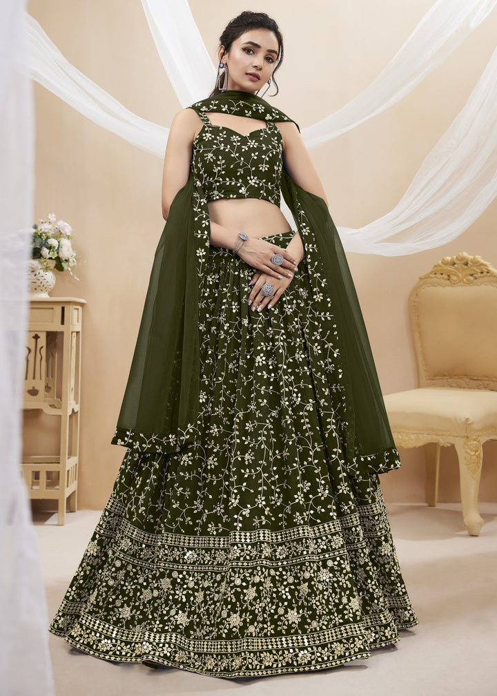 Mehendi Green Georgette Lehenga Choli With Sequins Zari Embroidered Work
