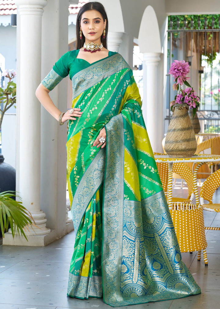 Green Leriya Zari Woven Banarasi Silk Saree With Contrast Pallu