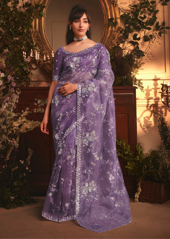 Lavender Purple Tissue Organza Silk Saree
