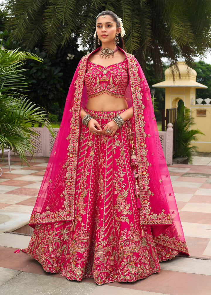 Rani Pink Heavy Bridal Silk Lehenga With Khatli And Embroidery Work