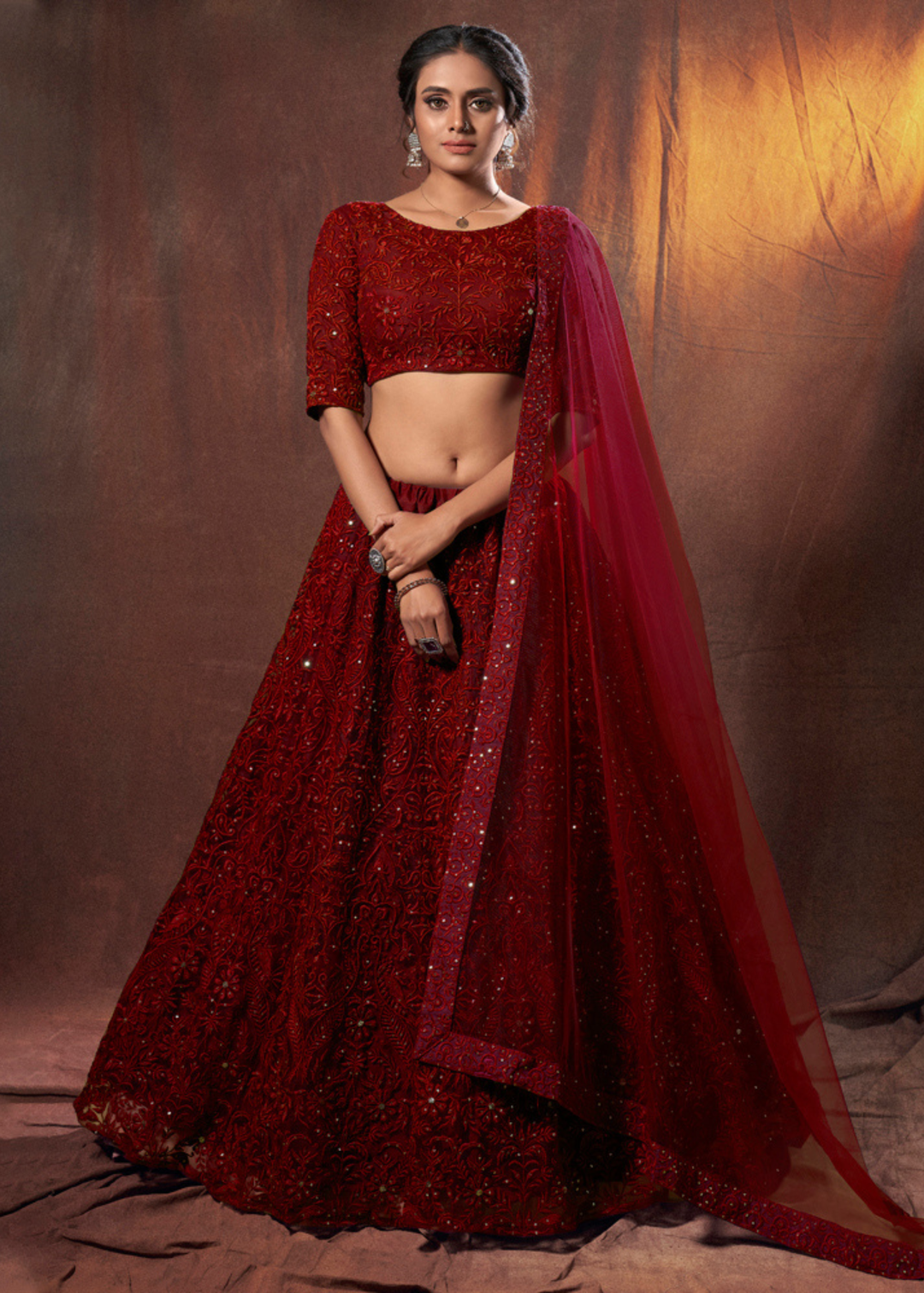 Barn Red Designer Soft Net Lehenga Choli with Thread & Sequins work