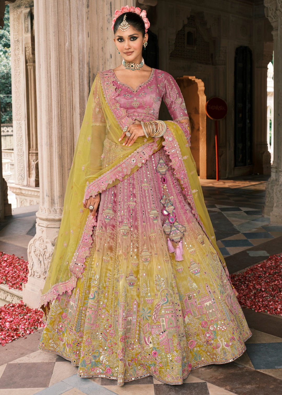 Sunshine Yellow & Pink Fancy Silk Lehenga Choli With Cut Work Embroidery Border & Stone Work