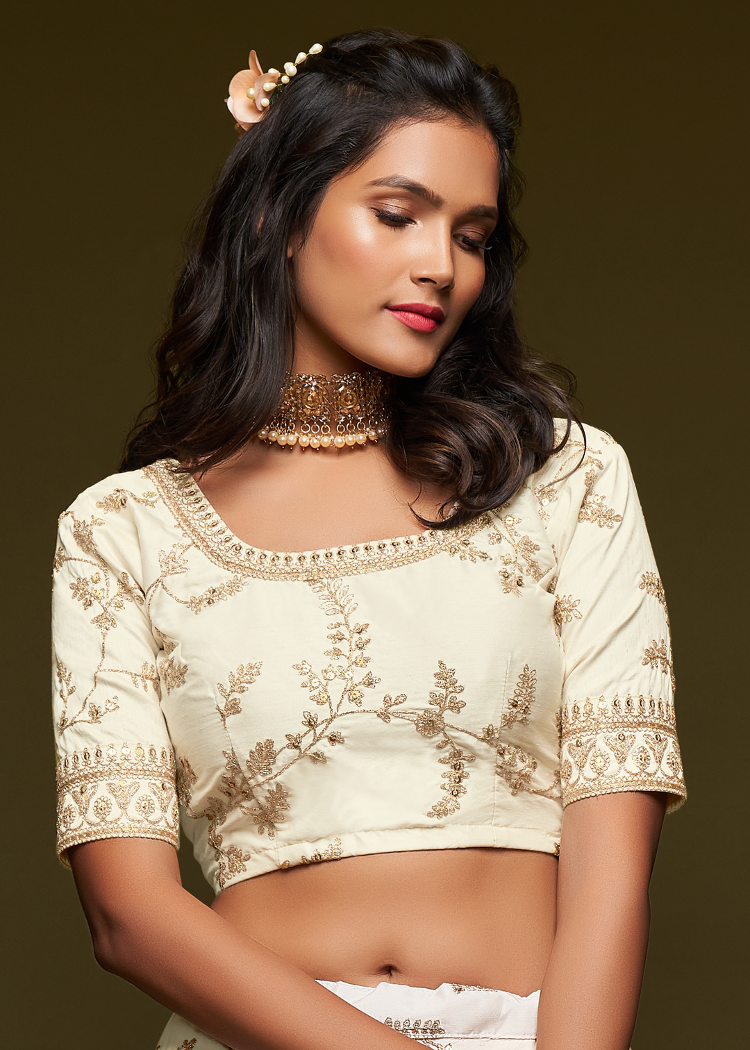 Pearl White Silk Lehenga Choli with Thread,Zari,Dori & Sequins work