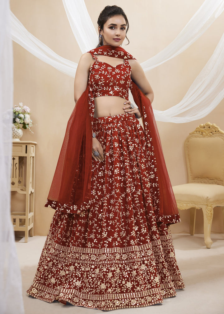 Maroon Red Georgette Lehenga Choli With Sequins Zari Embroidered Work