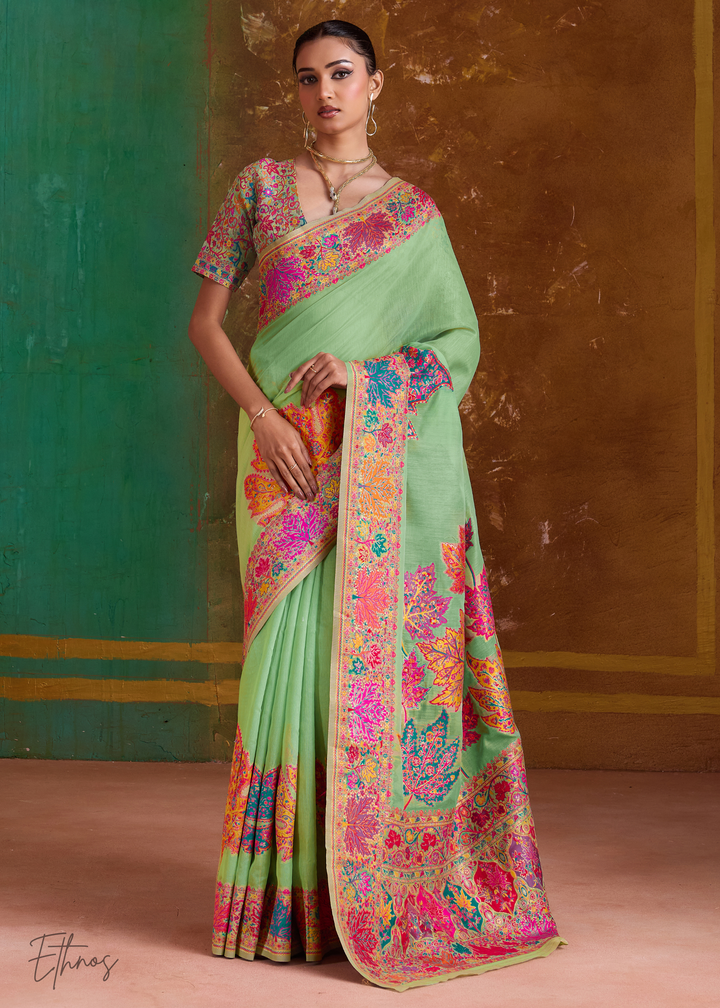 Pistachio Green with Multicolour Floral Weave Saree