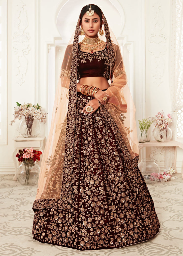 Majestic Maroon Pure Velvet Zari And Sequins Embroidery Lehenga